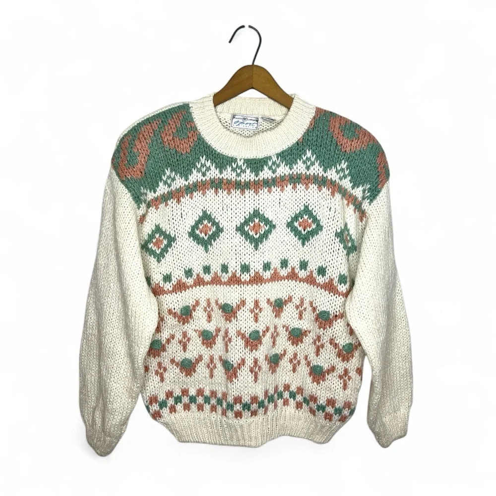 Vintage 80s Fair Isle Sweater Cozy Cottagecore Mock Neck Knit - Picture 11 of 11